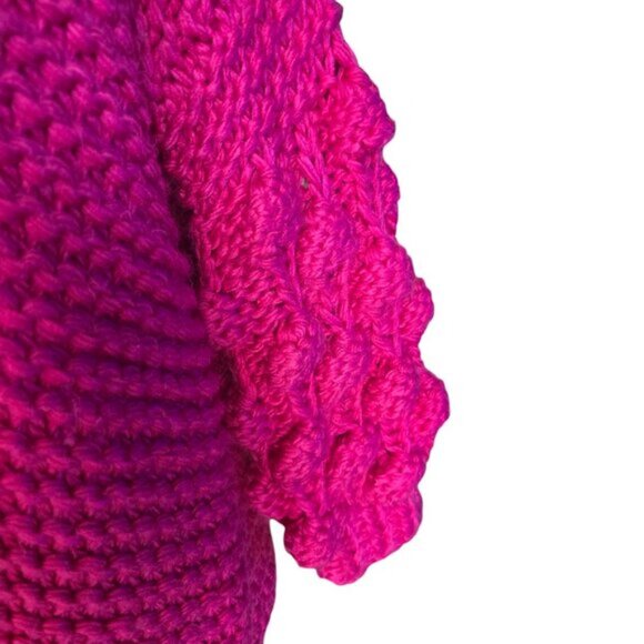 Oversized Pink Chunky Hand Knit Bubble Wool Lantern Sleeves Cardigan. Small - Picture 3 of 6